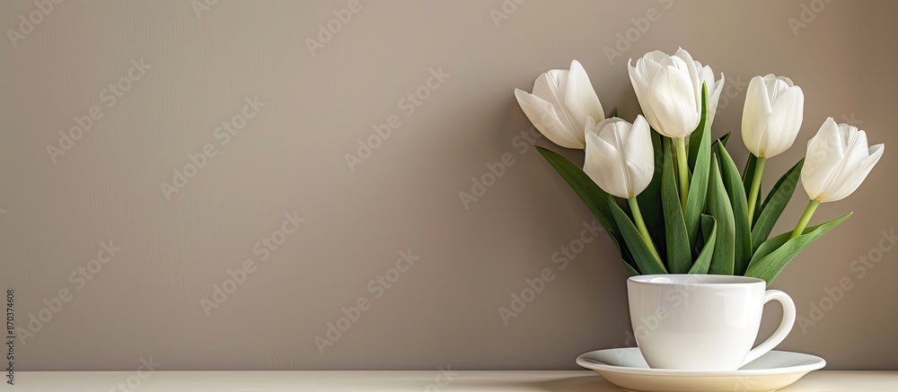 Poster a white tulips bouquet is positioned next to a coffee cup in a horizontal studio setting with copy s
