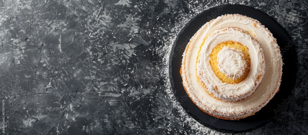 Poster a coconut sponge cake roll biscuit depicted as a tasty dessert concept on a menu background, capture