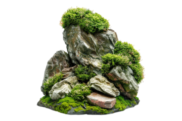 Green moss accompanied by ornamental isolated on transparent background