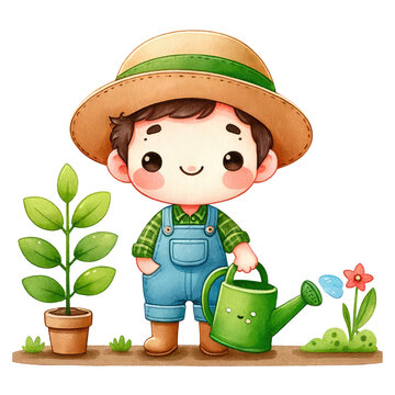 recommend clip art: cute Gardener clipart with a watering can and plant. watercolor. Farmer. Different poses design. preparation to spring. Home hobby, relaxation concept. labor day.