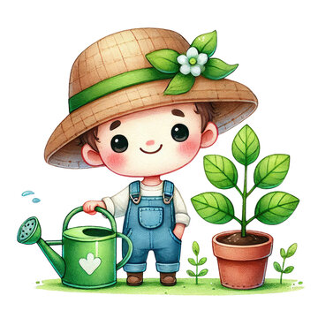 recommend clip art: cute Gardener clipart with a watering can and plant. watercolor. Farmer. Different poses design. preparation to spring. Home hobby, relaxation concept. labor day.