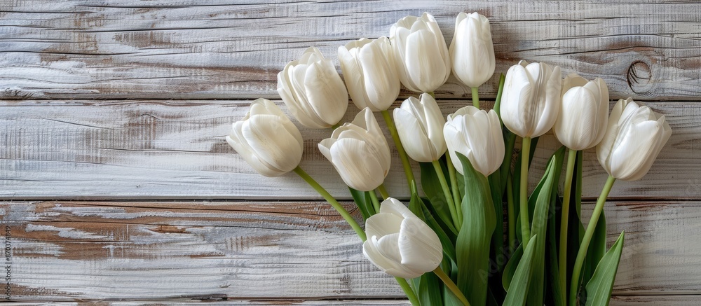 Poster a bunch of white tulips on a wooden backdrop for adding your message in the copy space image.