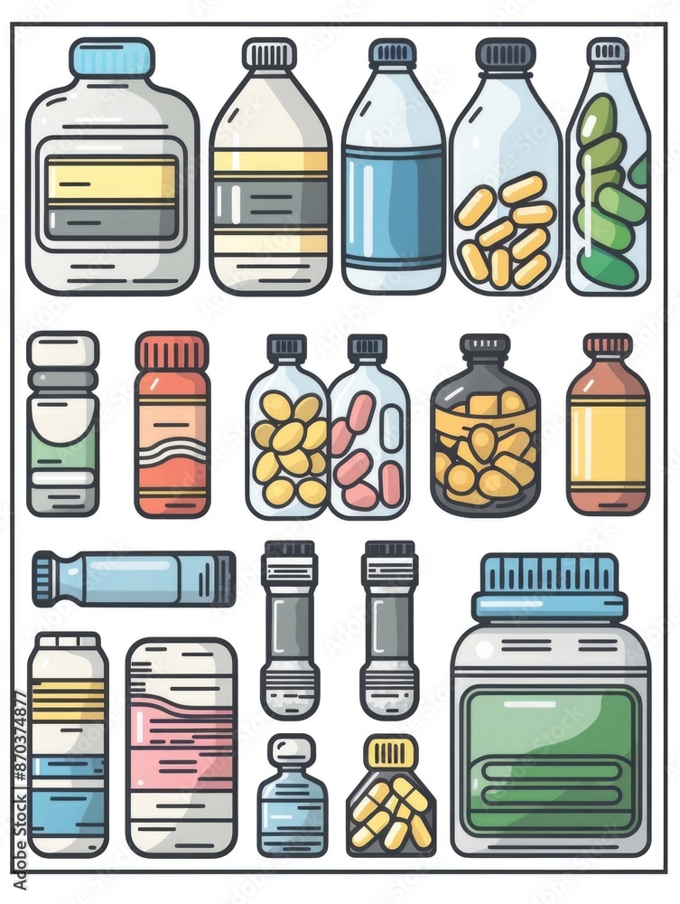 Poster a collection of medicine bottles and pills. the bottles are of different sizes and colors. the pills