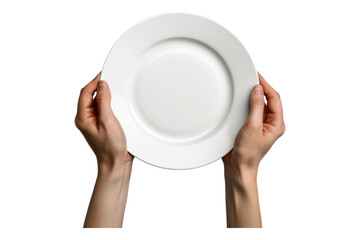 Hand holding white plate isolated on transparent background