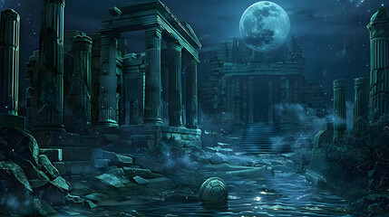 A collapsed ancient Greek temple submerged in seawater and the mysterious light of the full moon