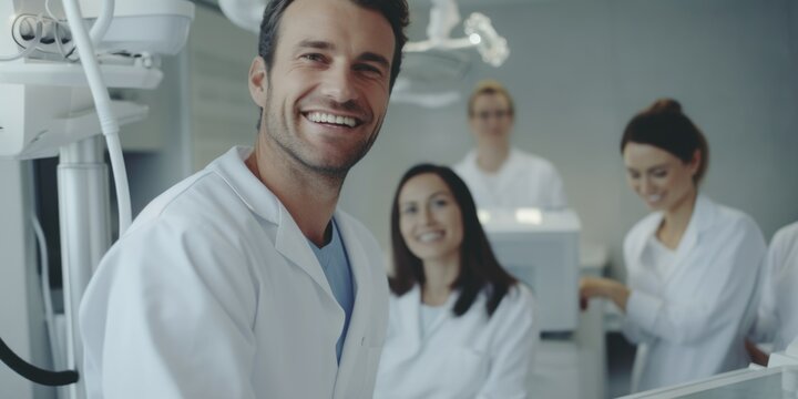 A smiling man in a white lab coat is posing for a picture with a group of people in white coats. Scene is cheerful and friendly, as the group appears to be enjoying each other's company