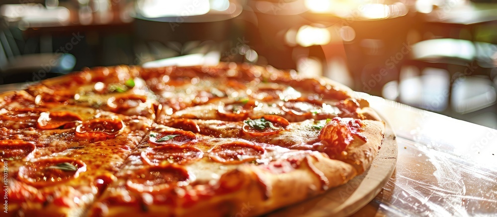 Poster a pizza displayed on a restaurant table with an enticing copy space image.