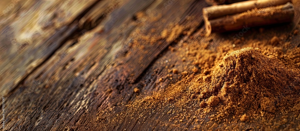 Poster a close-up image of fragrant ground cinnamon powder on a textured wooden surface with space for text