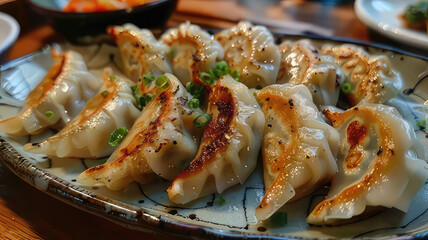 Close up of delicious crispy pan-fried gyoza dumplings, a popular Japanese cuisine dish.