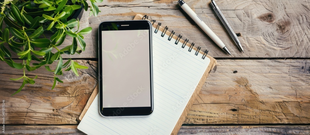 Poster a smartphone with a blank screen and notebook paper placed on a wooden table provides a business and
