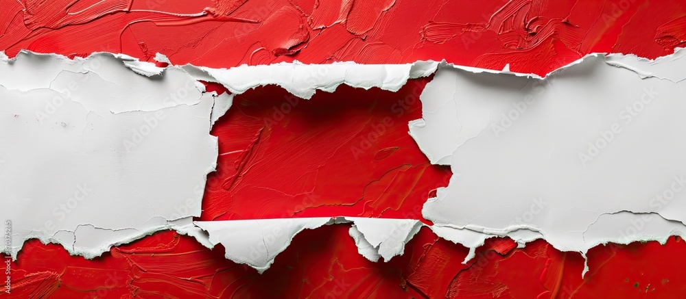 Poster a white paper with torn edges exposing a red background and a central copy space image.