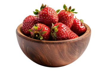 Fresh red strawberries in a wooden bowl isolated on transparent background