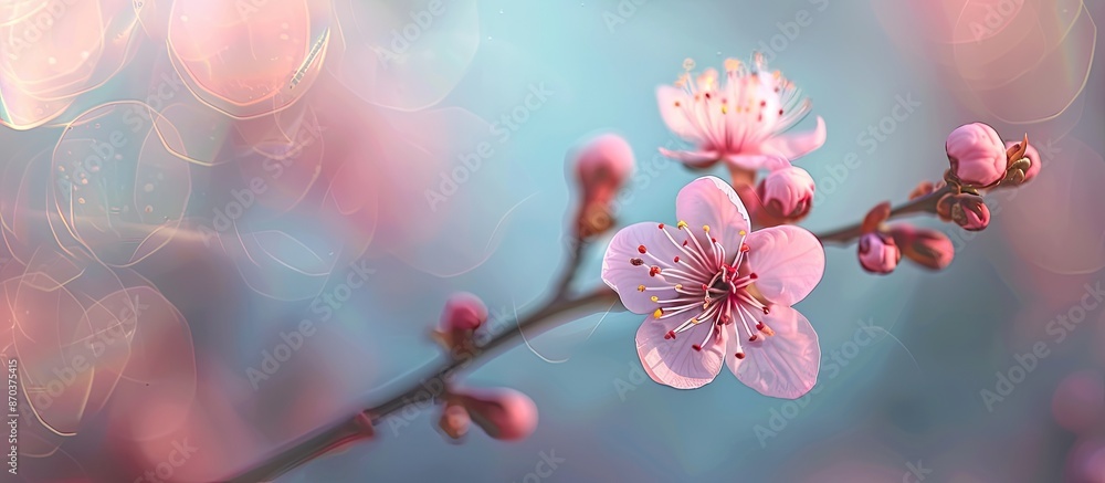 Aufkleber a blooming cherry blossom twig in focus with a blurred background, creating an ideal backdrop for te