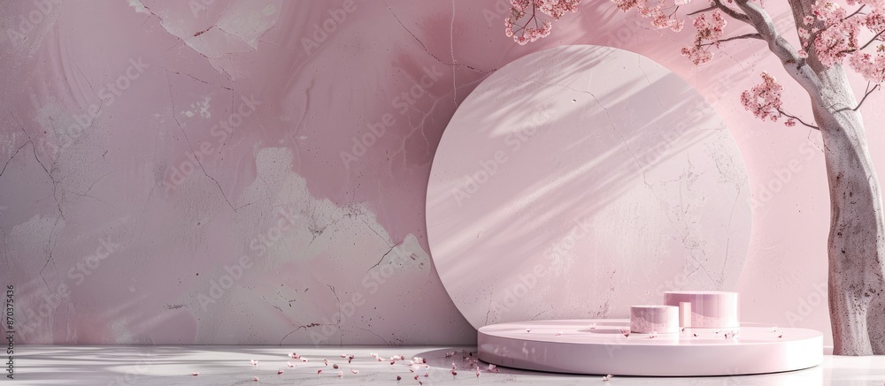 Aufkleber a podium positioned on an abstract background with various shapes, ideal for showcasing cosmetic pro