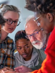 A group of people are gathered around a table, with a man in glasses looking at a computer screen. Scene is collaborative and focused, as the group works together to solve a problem or complete a task