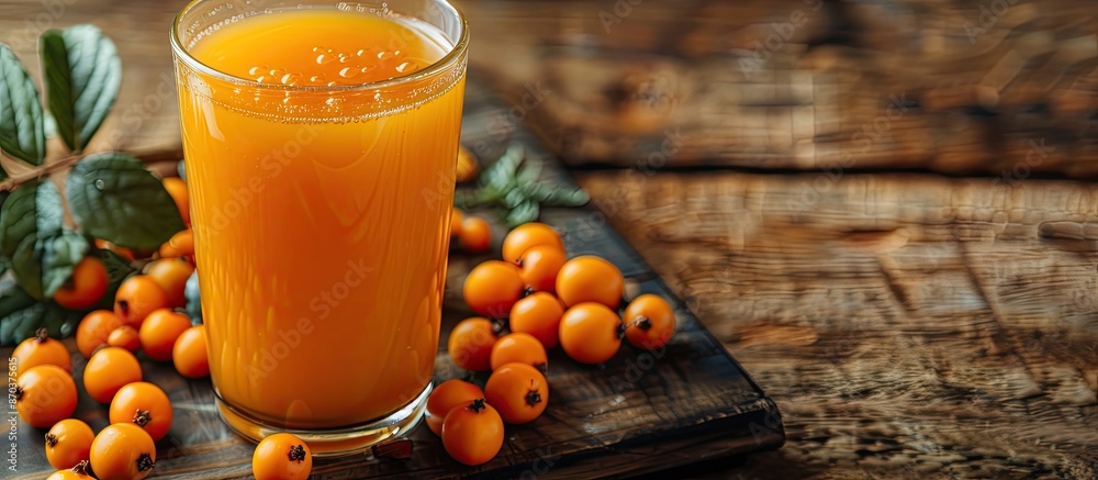 Poster a glass of nutritious sea buckthorn juice displayed on a table with copy space image.