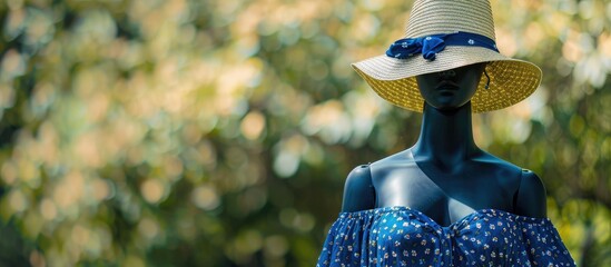 A mannequin displays a stylish blue summer dress and hat against a natural backdrop, ideal for women's summer wear, with a designated copy space image.