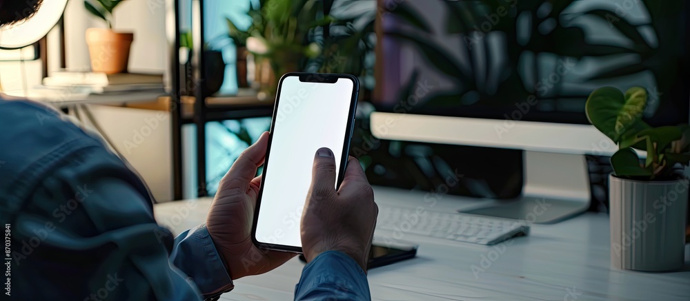 Poster a man is using a cellphone with a blank screen in a home office, providing a copy space image for bu