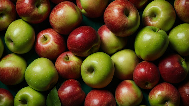 Fresh ripe red and green apples as background, top view photo