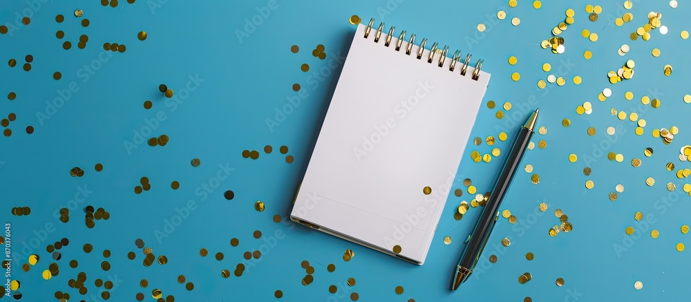 Poster a notepad for making wishlists is placed on a blue background adorned with golden confetti, creating