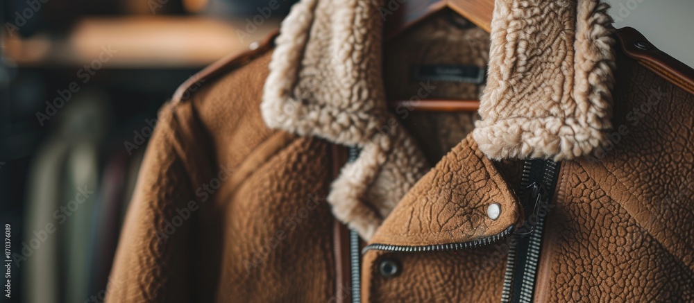 Poster A close-up view of a cozy, brown jacket on a hanger with space for text or other images. image with copy space