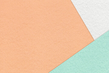 Texture craft coral paper background with white and green border. Vintage abstract peach fuzz...