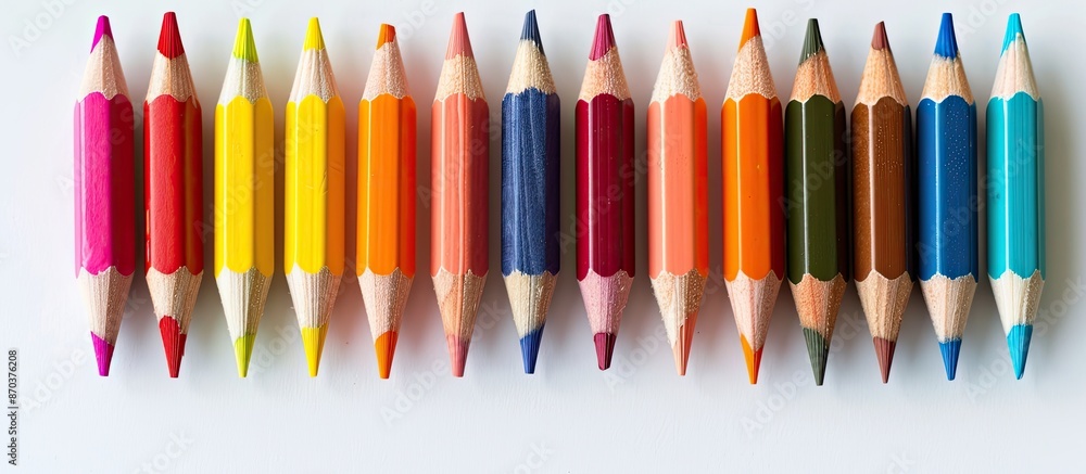 Poster a row of twelve vibrant slim pencils with pointed tips on a blank background, ideal for use as a cop