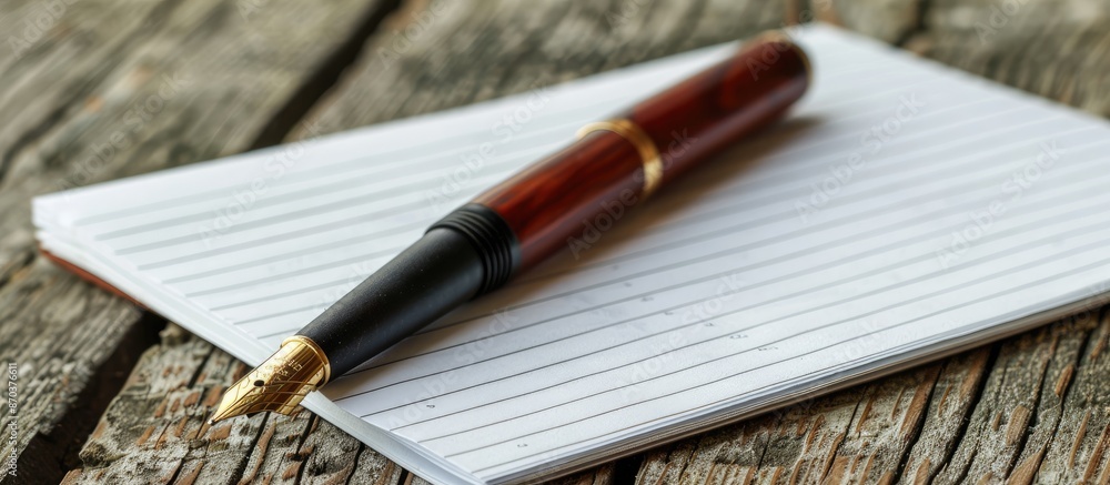 Poster a pen sits on lined notebook paper atop a rustic wooden table with ample copy space image.