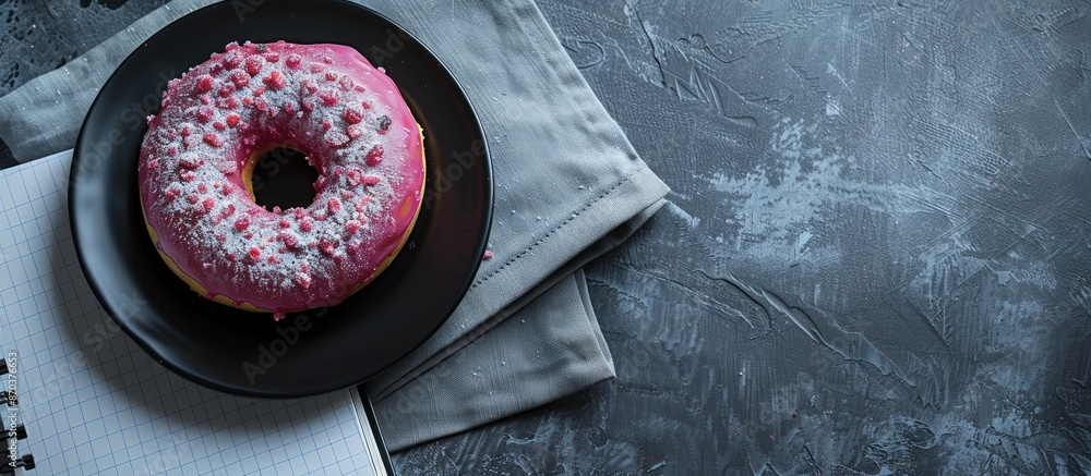 Poster a delicious raspberry blueberry donut on a black plate, next to an empty notebook, with a sugar-coat
