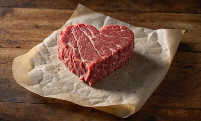 Heart shaped raw meat on parchment paper