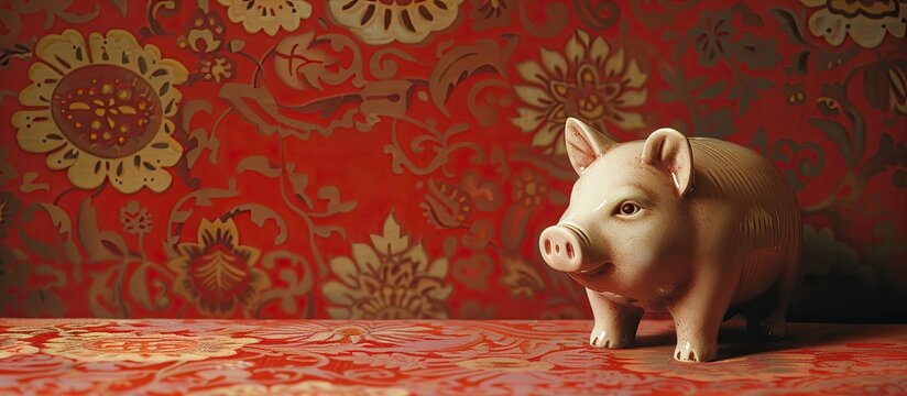 A piggy bank is placed on a vintage red cardboard surface, providing space for additional images.