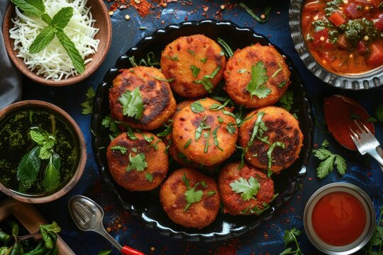 Indian spiced Alu Tikki with cheese and tomato mint sauce.