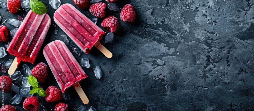 Poster a popsicle and frozen raspberries with copy space image.