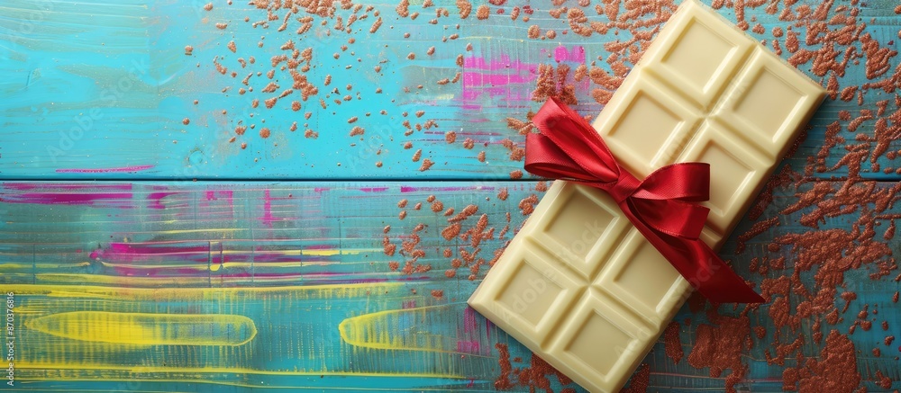 Poster a white chocolate bar with a red bow displayed on a colorful wooden surface, creating an appealing c