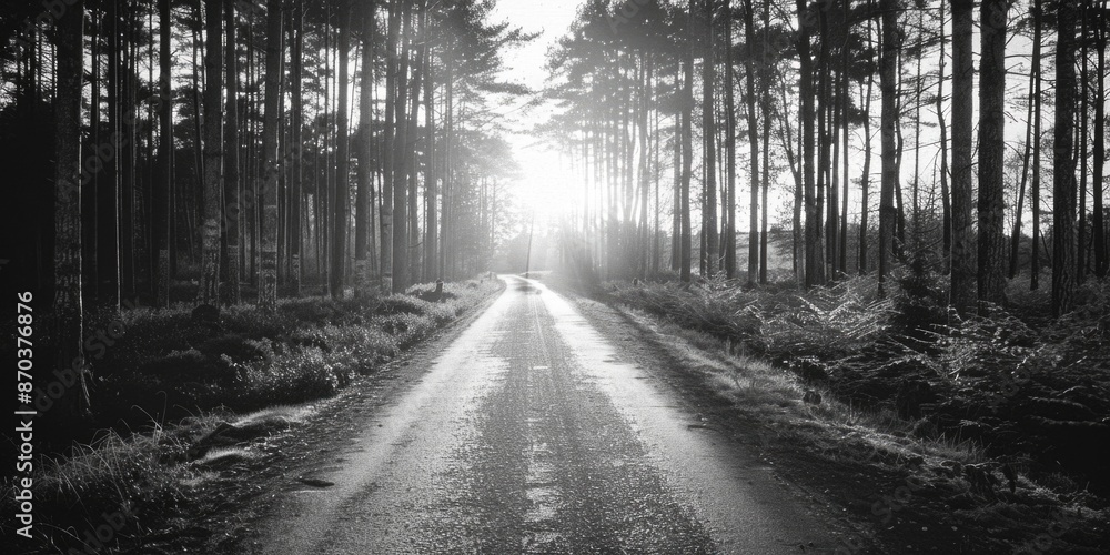 Poster a road with trees in the background and a person walking on it. the road is empty and the sun is shi