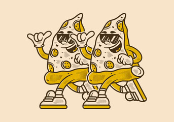 Retro pizza mascot character illustration in running pose