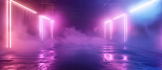 A dim room with empty walls illuminated by neon light, creating a smoky, glowing ambiance with copy space image.