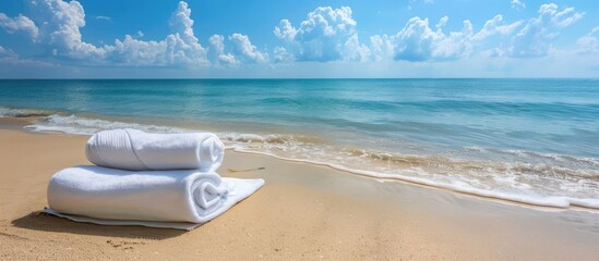 Fototapeta premium A tranquil beach scene during the summer season with an unoccupied towel area, perfect for relaxation and enjoyment, ideal for a copy space image.