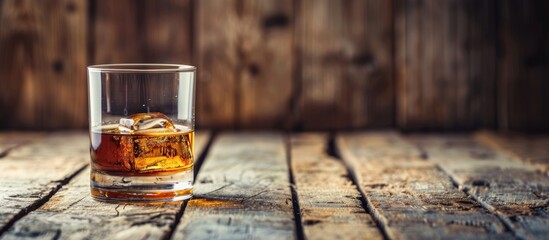 A glass of whiskey displayed on a rustic wooden table with ample copy space image.