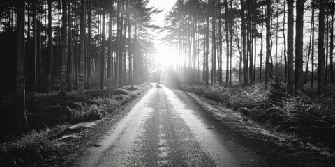 A road with trees in the background and a person walking on it. The road is empty and the sun is shining brightly