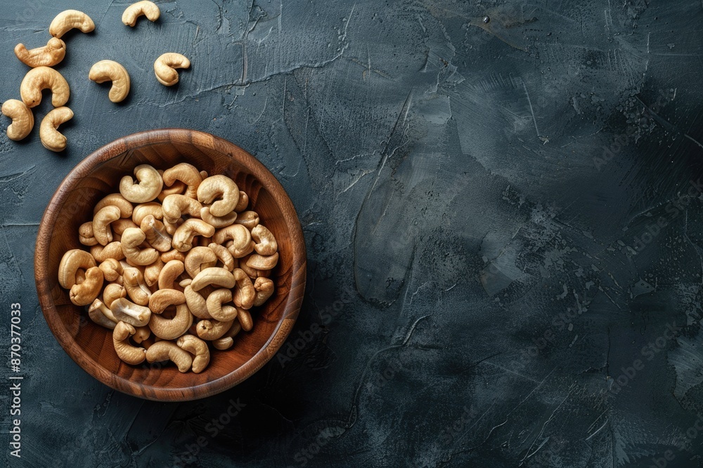 Wall mural cashew nuts in wooden bowl on table background. top view. Space for text. Healthy food