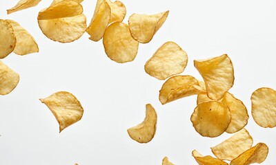 Naklejka premium Potato chips falling against a white background