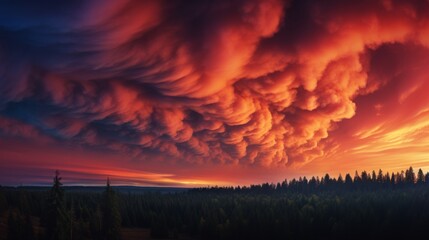 Obraz premium Menacing forest fire smoke against dramatic fiery sunset sky backdrop signaling intense blaze