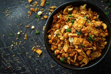 Fototapeta premium Close up of spicy Ratlami mixture Indian namkeen snacks on a ceramic black bowl. Top view