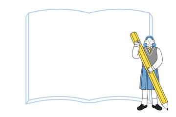 大きな鉛筆を手に持った制服姿の女子学生と、本のフレーム背景