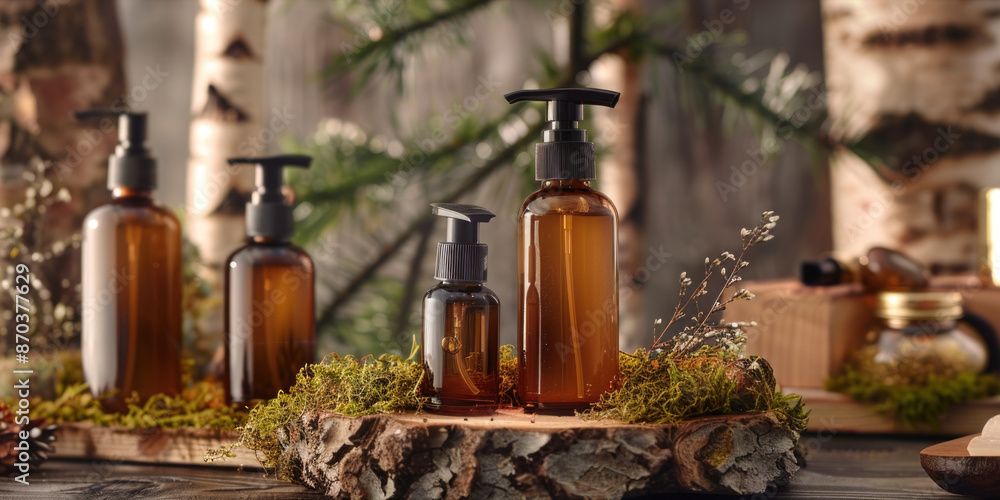 Poster a group of brown bottles with lids on a wooden table. the bottles are arranged in a row and are surr