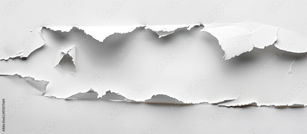 Poster a torn, ripped paper with a hole on a white background, providing a blank space for text or images. 