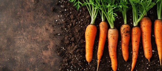 A top view close-up of freshly harvested carrots in the garden, set against a natural background with abundant copy space image.