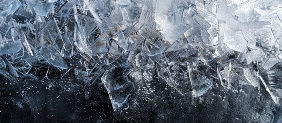 Obraz premium A textured cold frosty surface of ice block offers an ideal background with copy space image on a dark backdrop.