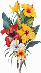 Vibrant Tropical Hibiscus Flowers and Lush Green Leaves Illustration